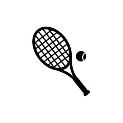 Minimal vector icon of a tennis racket in solid black silhouette with flat design for sports equipment