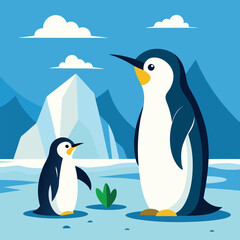 Obraz premium Two emperor penguins curiously observe a small plant sprouting from the Antarctic ice under a clear blue sky with a single cloud.