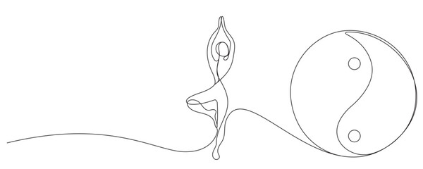 Yoga Woman One Line Drawn Icon Sport Fitness Class Logo Symbol Isolated On White Background. Yoga Tree Pose Outline Woman Body Symbol for Fitness Center Advertising Flyer, Card, Invitation	
