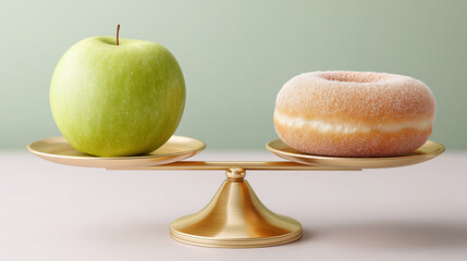Golden balance scale with a fresh green apple on one side and a glazed doughnut on the other, perfectly balanced against a soft green to white gradient background, weighing healthy choices against ind