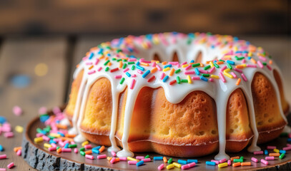 A white frosted cake with rainbow sprinkles on top. The cake is sitting on a wooden table