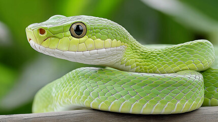 Fototapeta premium Green Snake Resting Peacefully Among Lush Vegetation 