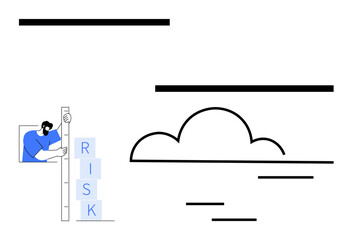Person stacking blocks labeled RISK, using a measuring scale, next to abstract cloud. Ideal for decision-making, uncertainty, strategy, analysis, finance, forecasting simple landing page