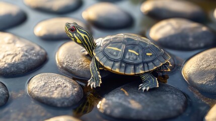 Fototapeta premium Baby turtle on rocks, pond, sunset, zen garden, nature