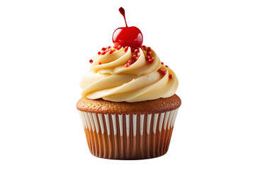 Delectable Chocolate Cupcake with Vanilla Frosting and Cherry – Tasty Dessert on Isolated transparent background
