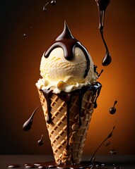 Tempting vanilla ice cream sits in a crunchy cone, generously drizzled with rich chocolate sauce that splatters around, capturing the essence of a decadent treat at a dessert shop.