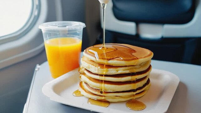 Airplane breakfast pancakes with orange juice