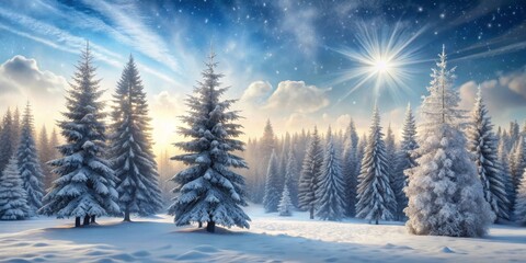 A Majestic Winter Sunrise Illuminates a Snow-Covered Coniferous Forest with Rays of Light Streaming Through the Trees