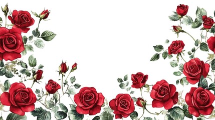 Red Rose Border: A romantic border of vibrant red roses and lush green leaves, perfect for invitations, cards, or any romantic design.