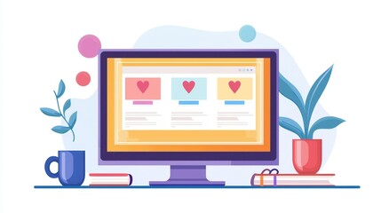 A digital workspace featuring a dating website on a large screen, surrounded by coffee mugs and notebooks.