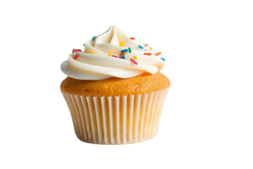 Delectable vanilla cupcake with sprinkles on isolated transparent background