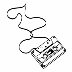 Unraveling Cassette Tape &ndash; Retro Audio Line Art Illustration