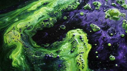 Abstract close-up view of a liquid surface with swirling patterns of green and purple hues, creating a mesmerizing and dynamic composition, with bubble-like formations and speckled textures
