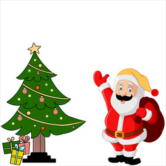Santa Claus with a festive Christmas tree and gifts brings happy holiday cheer