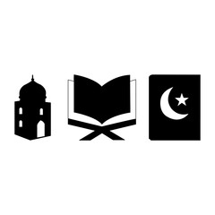 Islamic icons set. Islamic decoration concept. Ramadan Kareem Eid Mubarak vector illustration Muslim man praying. Fanoos Lantern With Islam Logo Vector. Muslim Holy Book Quran vector
