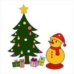 A decorated green fir Christmas tree with gifts and a snowman celebrates the winter holiday