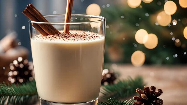 Classic Christmas drink Eggnog, chilean Cola de mono (monkey tail) cocktail, or Puerto Rican Coquito eggnog, on old wooden background with pine tree branches copy spaces