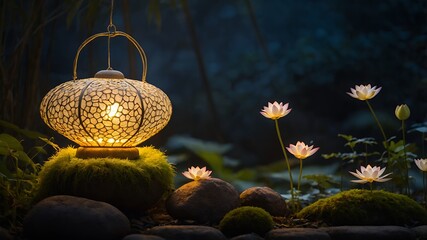 Glowing lantern illuminates a peaceful garden with white lotus flowers