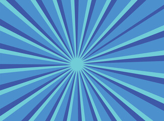 Sky blue radial beam sunrise or sunset light retro design illustration. Light sunburst glowing background.
