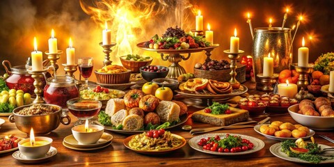 A Lavish Feast Under Candlelight A Sumptuous Table Set with an Array of Delicious Dishes and Golden Accents, Illuminated by a Warm, Glowing Ambiance