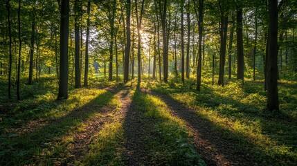 Naklejka premium A dense forest with sunlight streaming through the trees at dawn, creating dappled patterns on the ground.