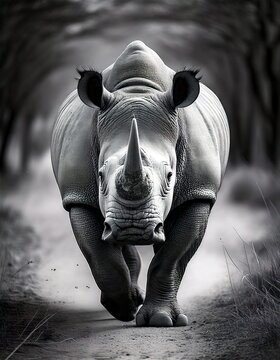 Fotograf&iacute;a en blanco y negro de un rinoceronte enojado corriendo hacia la c&aacute;mara, toma de cuerpo entero, realista, hiperrealista al estilo de un artista fotorrealista.