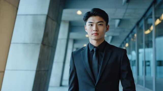 Handsome Asian man walks confidently toward the viewer in black suit in modern office building corridor