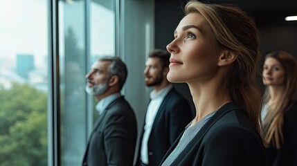 A group of diverse professionals engaging in conversation in a modern office setting