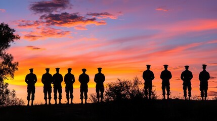 Fototapeta premium A silhouette of a group standing at attention at a war memorial as the dawn breaks.