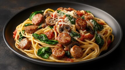 Studio-quality photo of spaghetti with savory sausage, glossy caramelized mushrooms