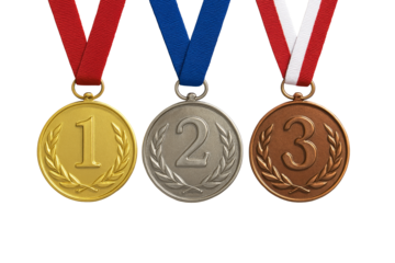 Gold silver bronze medals for first second third place in sports competition or academic award on transparent background