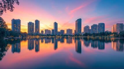 Fototapeta premium A city skyline at dawn, with tall skyscrapers reflecting the soft pink and orange hues of the morning light.