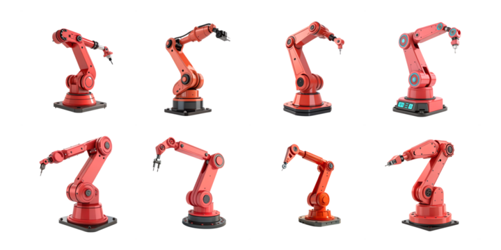 Red robotic arms in different positions and angles with metal joints and clamps on transparent background png isolated