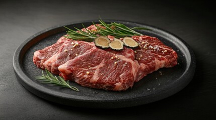 Fototapeta premium Tender pieces of Hokkaido wagyu beef steak, richly dressed in brown sauce