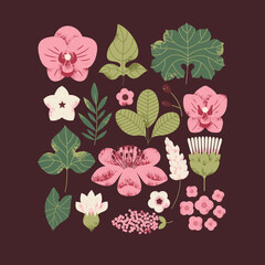 Various flowers collection. Garden florals and leaves. Retro color palette. Vector illustration