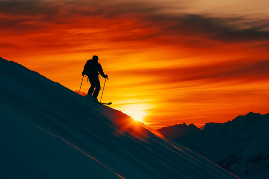 Silhouette of skier on snowy mountain slope against a vibrant sunset or sunrise.