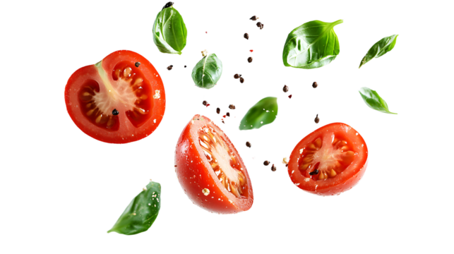 Basil and tomato flying through the air png
