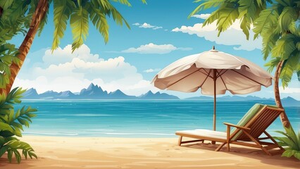 A tropical scene featuring a tall palm tree with vibrant green fronds, standing beside a wooden lounge chair with orange and white stripes