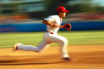 Baseball player running on field motion blur red cap white uniform sport.