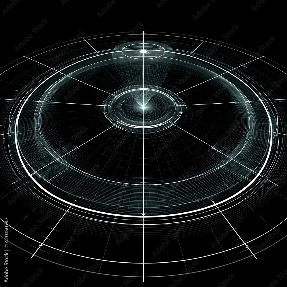 Poster futuristic abstract radar screen display with circular elements and gridlines on dark background.