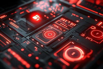 Fototapeta premium A captivating futuristic artificial intelligence technology interface, illuminated by glowing red symbols, showcasing the possibilities of advanced AI environments.