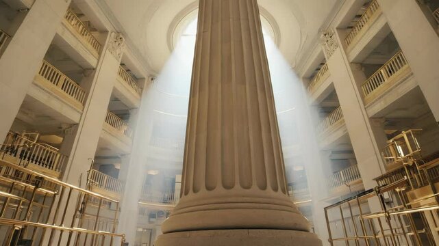 Grand interior atrium featuring a fluted column, golden railings, multiple levels, and natural light flooding from an oculus.