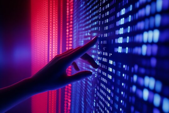 Hand interacting with digital code on a large screen