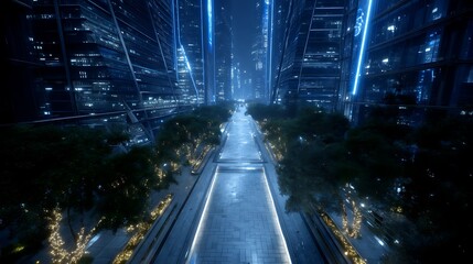 Futuristic Cityscape Night View with Glowing Neon Lights and Modern Architecture and Greenery Detail.