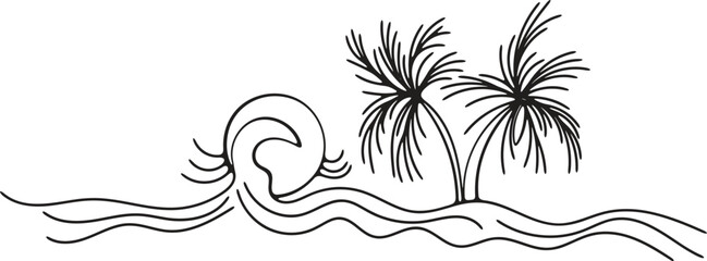 Simple Line Drawing of Ocean Waves and Palm Trees