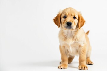 Fototapeta premium Golden Retriever puppy stands against white backdrop, playful, white