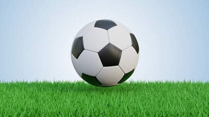 Naklejka premium Soccer ball on green grass on soft blue background. A classic football on the ground. Football ball on green grass. 3d rendering.