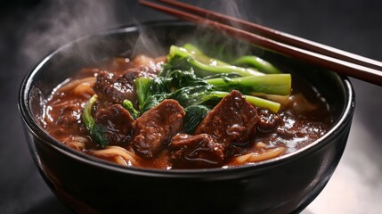 Warm bowl of braised beef noodles with visible steam and vivid green vegetables
