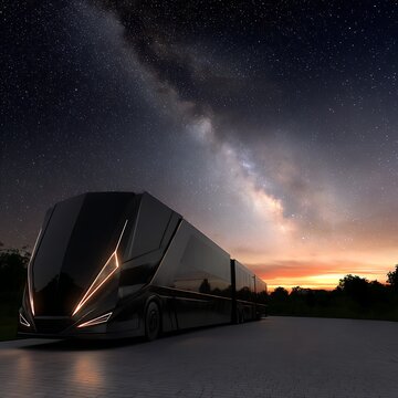 Futuristic Luxury Sleeper Bus Against a Starry Night Sky on Paved Surface at Twilight Hour.