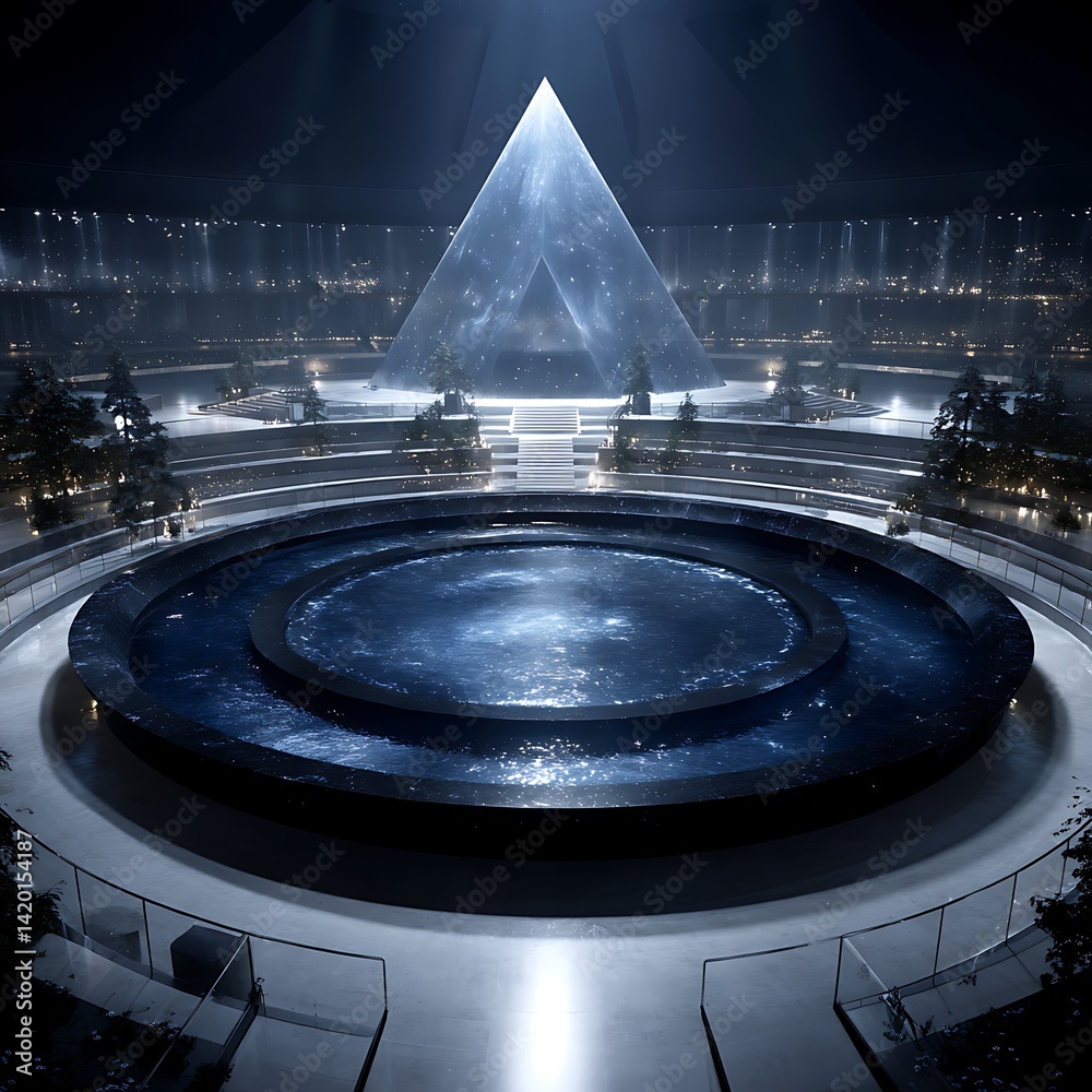 Poster futuristic pyramid reflecting in a circular pool inside a large structure illuminated by light